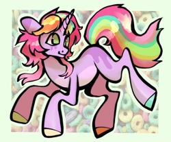 Size: 1440x1194 | Tagged: safe, artist:broniesforponies, derpibooru import, oc, oc only, pony, unicorn, abstract background, cereal, colored hooves, food, hooves, horn, multicolored hooves, multicolored mane, multicolored tail, pink coat, smiling, tail, unicorn oc