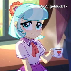 Size: 4096x4096 | Tagged: safe, ai content, derpibooru import, machine learning generated, coco pommel, human, equestria girls, g4, backlighting, coffee, cup, equestria girls-ified, female, looking at you, morning, photoshop, prompter:angeldusk17, solo, window