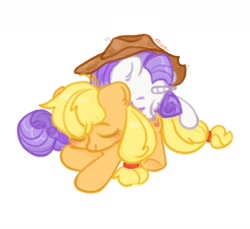 Size: 1280x1170 | Tagged: safe, artist:shunshell, derpibooru import, applejack, rarity, earth pony, unicorn, 2d, blushing, duo, duo female, fanart, female, hat, horn, lesbian, rarijack, shipping, simple background, sleeping, together, white background