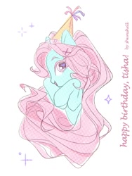 Size: 810x1080 | Tagged: safe, artist:shunshell, derpibooru import, earth pony, happy birthday, hat, looking at you, party hat, simple background, smiling, sparkles, white background