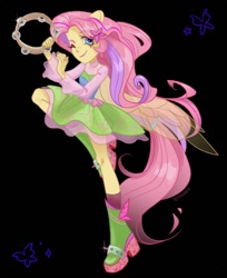 Size: 883x1080 | Tagged: safe, artist:shunshell, derpibooru import, fluttershy, butterfly, equestria girls, g4, clothes, dress, fanart, musical instrument, one eye closed, ponied up, pony ears, smiling, tambourine, thin, wings