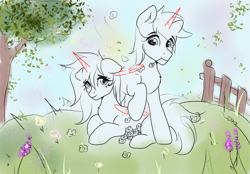 Size: 2360x1640 | Tagged: safe, derpibooru import, oc, oc only, alicorn, earth pony, pegasus, pony, commission, couple, cute, duo, duo male and female, female, fence, flower, male, tree, ych sketch, your character here