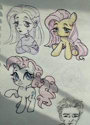 Size: 778x1080 | Tagged: safe, artist:shunshell, derpibooru import, fluttershy, pinkie pie, human, chibi, fanart, humanized, non-pony oc, photo, raised hoof, raised leg, smiling, tired, traditional art