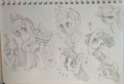 Size: 1280x865 | Tagged: safe, artist:shunshell, derpibooru import, applejack, twilight sparkle, earth pony, unicorn, annoyed, apple, bucket, food, happy, horn, pencil drawing, photo, proud, smiling, traditional art, wondering