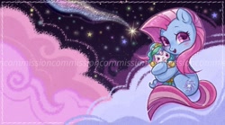 Size: 1280x711 | Tagged: safe, artist:shunshell, derpibooru import, princess celestia, star swirl, alicorn, earth pony, chibi, cloud, looking at you, on a cloud, pink cloud, plushie, shooting star, sitting, sitting on cloud, sky, smiling, smiling at you