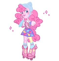 Size: 1046x1080 | Tagged: safe, artist:shunshell, derpibooru import, pinkie pie, equestria girls, g4, 2d, blushing, fanart, helmet, looking at you, pony ears, roller skates, simple background, skates, smiling, smiling at you, standing, white background