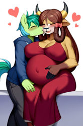 Size: 312x472 | Tagged: safe, ai content, derpibooru import, generator:novelai, generator:stable diffusion, machine learning generated, sandbar, yona, anthro, earth pony, yak, g4, big breasts, blushing, breasts, busty yona, duo, duo male and female, eyes closed, female, kissing, lowres, male, pregnant, prompter:genderface, ship:yonabar, shipping, simple background, smiling, straight, white background