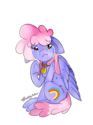 Size: 1276x1713 | Tagged: safe, artist:destiny_manticor, derpibooru import, rainbowshine, pegasus, pony, g4, bruised, collar, commission, crying, ears, female, floppy ears, folded wings, implied anon, looking at you, mare, offscreen character, pet, pet collar, pet tag, question mark, sad, sad pony, simple background, sitting, solo, tears of sadness, teary eyes, transparent background, wings