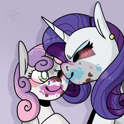 Size: 1480x1480 | Tagged: safe, artist:criaturatrix, derpibooru import, rarity, sweetie belle, unicorn, g4, belle sisters, cute, daaaaaaaaaaaw, female, food, horn, ice cream, piercing, sibling love, siblings, sisterly love, sisters, smiling