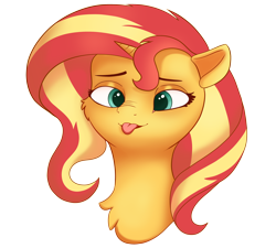 Size: 3406x3066 | Tagged: safe, artist:bluishdraft, derpibooru import, sunset shimmer, pony, unicorn, g4, :p, bust, cheek fluff, cute, female, high res, horn, mare, neck fluff, portrait, shimmerbetes, silly, silly face, silly pony, simple background, small horn, solo, tongue, tongue out, transparent background