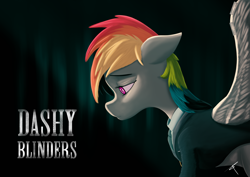 Size: 7016x4961 | Tagged: safe, artist:bluishdraft, derpibooru import, rainbow dash, pegasus, pony, g4, clothes, female, peaky blinders, peaky flyers, razor blade, solo, suit