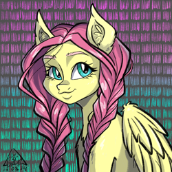 Size: 2048x2048 | Tagged: safe, artist:gigisarts, derpibooru import, fluttershy, pegasus, pony, alternate hairstyle, blue eyes, braid, braided pigtails, ear fluff, ears, female, haircut, mare, pigtails, pink mane, signature, solo