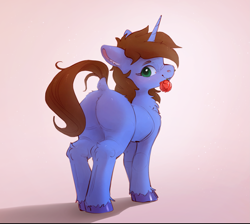 Size: 1971x1764 | Tagged: safe, artist:itssim, derpibooru import, oc, oc only, pony, unicorn, butt, chest fluff, commission, dock, ear fluff, ears, flower, flower in mouth, horn, leg fluff, looking at you, looking back, looking back at you, mouth hold, oc name needed, plot, rose, smiling, smiling at you, solo, tail, unicorn oc, unshorn fetlocks