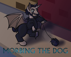 Size: 1328x1062 | Tagged: safe, artist:its-filly-silly, derpibooru import, alicorn, bat pony, bat pony alicorn, pony, bat wings, beard, brick wall, clothes, concrete, facial hair, hoodie, horn, male, meme, morbius, ponified, solo, species swap, spread wings, stallion, text, wings, yo-yo