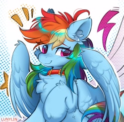 Size: 4096x4020 | Tagged: safe, artist:lunylin, derpibooru import, rainbow dash, pegasus, pony, g4, cheek fluff, chest fluff, collar, cute, dashabetes, ear fluff, ears, female, high res, mare, partially open wings, smiling, solo, wings