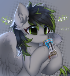 Size: 1000x1091 | Tagged: safe, artist:lunylin, derpibooru import, oc, oc only, oc:silver moon, pegasus, pony, chest fluff, commission, drink, drinking, ear fluff, ears, energy drink, female, mare, monster energy, pegasus oc, solo, wings, ych result