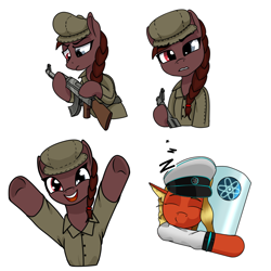 Size: 2000x2000 | Tagged: safe, artist:theuser, derpibooru import, part of a set, oc, oc:altidiya, oc:posada, equestria at war mod, ak, ak-47, assault rifle, braid, clothes, gun, happy, hat, heterochromia, looking at you, peaked cap, rifle, sad, simple background, sleeping, transparent background, weapon