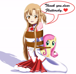 Size: 5724x5593 | Tagged: safe, artist:sincity2100, derpibooru import, fluttershy, human, pegasus, pony, anime, asuuna yuki, bondage, dialogue, english, group, heart, mouth hold, rope, rope bondage, shadow, simple background, speech bubble, sword art online, tied up, untying, white background