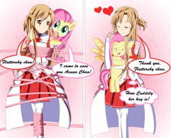 Size: 6347x5102 | Tagged: safe, artist:sincity2100, derpibooru import, fluttershy, human, pegasus, pony, anime, asuuna yuki, bondage, dialogue, english, gradient background, group, heart, hug, mouth hold, ribbon, shadow, speech bubble, sword art online, tied up, untying