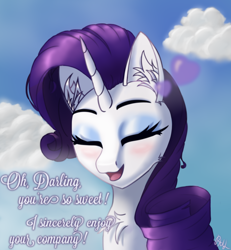 Size: 2356x2555 | Tagged: safe, artist:raritymylove, derpibooru import, rarity, pony, blushing, chest fluff, cloud, dialogue, ear fluff, ears, eyes closed, eyeshadow, looking at you, makeup, open mouth, sky, smiling, smiling at you, solo