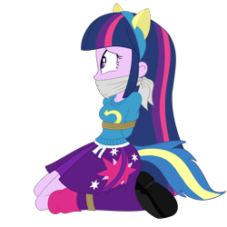 Size: 2500x2500 | Tagged: safe, artist:nie-martw-sie-o-mnie, derpibooru import, twilight sparkle, human, equestria girls, g4, bondage, bound and gagged, cloth gag, clothes, female, femsub, gag, hands behind back, helping twilight win the crown, kneeling, leg warmers, rope, rope bondage, simple background, skirt, solo, submissive, transparent background, twisub, wondercolts uniform