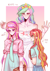 Size: 2894x4093 | Tagged: safe, artist:wuzhudaren, derpibooru import, princess cadance, princess celestia, sunset shimmer, human, blushing, clothes, gradient background, humanized, necktie, skirt, sweat, sweatdrop, text