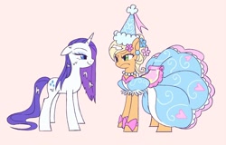 Size: 1341x857 | Tagged: safe, artist:6ji5z6gmst1j2vs, derpibooru import, applejack, rarity, earth pony, pony, unicorn, clothes, dress, female, froufrou glittery lacy outfit, gown, hat, horn, mare, pink background, princess applejack, simple background, wet