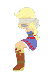 Size: 2000x2952 | Tagged: safe, artist:nie-martw-sie-o-mnie, derpibooru import, applejack, human, equestria girls, g4, applesub, bare shoulders, blindfold, bondage, boots, bound and gagged, clothes, dress, fall formal outfits, female, femsub, freckles, gag, rope, rope bondage, shoes, simple background, sleeveless, solo, strapless, submissive, tape, tape gag, this is our big night, transparent background