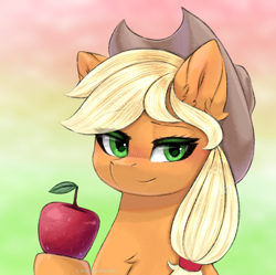 Size: 2514x2500 | Tagged: safe, artist:taiweiart, derpibooru import, part of a set, applejack, earth pony, pony, g4, apple, applejack's hat, blushing, chest fluff, clothes, cowboy hat, ear fluff, ears, eye clipping through hair, eyebrows, eyebrows visible through hair, female, food, hat, high res, looking at you, mare, smiling, smiling at you, solo