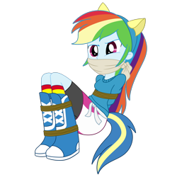 Size: 2000x2000 | Tagged: safe, artist:nie-martw-sie-o-mnie, derpibooru import, rainbow dash, human, equestria girls, g4, bondage, boots, bound and gagged, cloth gag, clothes, dashsub, female, femsub, gag, helping twilight win the crown, rainbow socks, rope, rope bondage, shoes, simple background, sitting, socks, striped socks, submissive, transparent background, wondercolts uniform