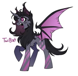 Size: 709x693 | Tagged: safe, artist:anemonaii, derpibooru import, twilight sparkle, twilight sparkle (alicorn), alicorn, bat pony, bat pony alicorn, pony, g4, alternate coat color, alternate color palette, alternate design, alternate eye color, alternate hairstyle, alternate mane color, alternate tail color, alternate tailstyle, bangs, bat ponified, bat wings, blush scribble, blushing, chest fluff, coat markings, colored chest fluff, colored ears, colored pinnae, colored wings, concave belly, curved horn, ear tufts, fangs, female, gradient mane, gradient pinnae, gradient wings, gray coat, hock fluff, horn, leg markings, leg stripes, long mane, long tail, magenta eyes, mare, missing cutie mark, open mouth, open smile, profile, purple text, race swap, raised hoof, raised leg, simple background, smiling, spread wings, standing on three hooves, stripes, tail, teeth, text, torn wings, twibat, unicorn horn, white background, white pupils, wings