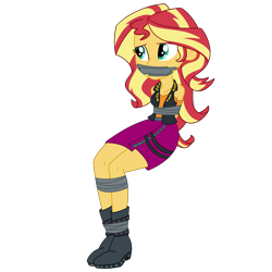 Size: 2500x2500 | Tagged: safe, artist:nie-martw-sie-o-mnie, derpibooru import, sunset shimmer, human, better together, equestria girls, g4, bondage, boots, bound and gagged, clothes, female, femsub, gag, shoes, simple background, sitting, skirt, solo, submissive, subset, tape, tape bondage, tape gag, transparent background