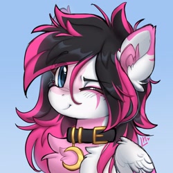 Size: 2560x2560 | Tagged: safe, artist:lunylin, derpibooru import, oc, oc only, oc:lunylin, pegasus, pony, chest fluff, collar, ear fluff, ears, female, folded wings, high res, looking at you, mare, one eye closed, pegasus oc, smiling, smiling at you, solo, wings, wink, winking at you