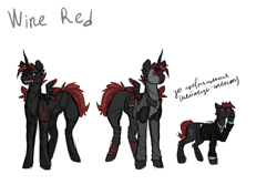 Size: 1500x1000 | Tagged: safe, artist:seemah, derpibooru import, oc, oc only, oc:wine red, alicorn, earth pony, pony, g4, alcohol, alicorn oc, concept art, earth pony oc, female, glass, horn, madness is magic, madness project nexus, mare, red eyes, red mane, wine, wine glass, wings