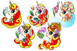 Size: 800x525 | Tagged: safe, artist:mesuyoru, derpibooru import, oc, oc only, oc:miss libussa, pony, unicorn, czequestria, czequestria 202x, eyeshadow, female, female oc, floral head wreath, floral necklace, flower, flower in hair, gradient eyeshadow, head only, horn, makeup, mare, pony oc, profile picture, simple background, solo, transparent background, unicorn oc