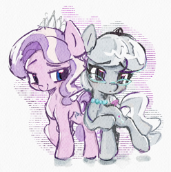 Size: 1600x1611 | Tagged: safe, artist:tieb5, derpibooru import, diamond tiara, silver spoon, earth pony, pony, female, filly, foal, simple background, smiling, white background