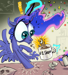 Size: 3000x3338 | Tagged: safe, artist:ja0822ck, derpibooru import, princess luna, alicorn, pony, big eyes, coffee, coffee pony, cup, ethereal mane, female, lacrimal caruncle, magic, magic aura, mare, ponified, shocked, species swap, spit take, surprised