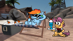 Size: 1280x720 | Tagged: safe, artist:dragonboi471, artist:rainbowdashsmailbag, derpibooru import, rainbow dash, scootaloo, pegasus, pony, robot, robot pony, 3d, alcohol, beach, beach chair, beer, chair, cooler, food, gmod, ice cream, scootabot