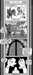 Size: 1451x3300 | Tagged: safe, artist:loreto-arts, derpibooru import, princess cadance, princess flurry heart, princess luna, spike, pony, comic:friendship is innuendo, comic:friendship is innuendo vol. 2, monochrome, winged spike, wings