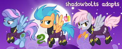 Size: 1280x518 | Tagged: safe, artist:vi45, derpibooru import, oc, oc only, pegasus, pony, clothes, costume, female, mare, moon, night, screencap background, shadowbolts costume, trio, trio female