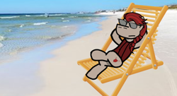 Size: 730x398 | Tagged: safe, artist:josephthedumbimpostor, derpibooru import, oc, oc:lawkeeper equity, beach, beach chair, chair, clothes, crossed legs, elements of justice, hooves behind head, ocean, one-piece swimsuit, sunglasses, swimsuit, water