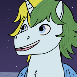 Size: 1200x1200 | Tagged: safe, artist:mrsbright, derpibooru import, oc, oc only, oc:sol bright, unicorn, 2024, blue eyes, colored, digital art, green mane, horn, icon, male, night, ocean, open mouth, open smile, sky, smiling, stars, summer, teeth, towel, two toned mane, unicorn oc, water, white body, yellow mane