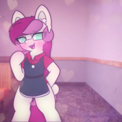 Size: 2664x2662 | Tagged: safe, artist:sodapop sprays, derpibooru import, roseluck, earth pony, pegasus, pony, series:roseluck can't catch a break, apron, bipedal, blushing, clothes, ear fluff, ears, eye clipping through hair, freckles, irl background, looking at you, solo, uniform, wendy's