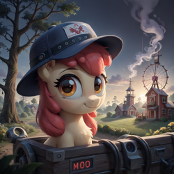 Size: 1664x1664 | Tagged: safe, ai content, derpibooru import, generator:stable diffusion, machine learning generated, apple bloom, earth pony, pony, g4, adorable face, adorabloom, barn, building, cart, chest fluff, cute, detailed, detailed background, ear fluff, ears, female, filly, foal, generator:bluefox mix, happy, hat, industrial, innocent, looking at you, outdoors, prompter:adorablebluefox, sitting, smiling, smiling at you, smoke, solo, sweet apple acres, tree, weapons-grade cute