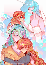 Size: 750x1061 | Tagged: source needed, safe, artist:wuzhudaren, derpibooru import, princess celestia, principal celestia, sunset shimmer, human, equestria girls, g4, bare shoulders, breasts, clothes, dress, duo, female, hand on cheek, horn, horned humanization, hug, humanized, momlestia fuel, princess breastia, strapless, the prodigal sunset, winged humanization, wings