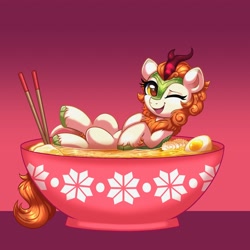 Size: 4000x4000 | Tagged: safe, artist:confetticakez, derpibooru import, autumn blaze, kirin, g4, awwtumn blaze, bowl, chopsticks, cute, food, looking at you, noodles, one eye closed, ponies in food, ramen, solo, wink, winking at you