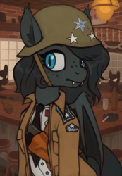 Size: 928x1341 | Tagged: safe, artist:marsminer, derpibooru import, oc, oc only, oc:umbra glow, bat pony, pony, equestria at war mod, background pony, bar, bat pony oc, bottle, chair, chest strap, cigarette, clothes, fangs, freckles, gun, helmet, necktie, shirt, stalhelm, stars, strap, weapon