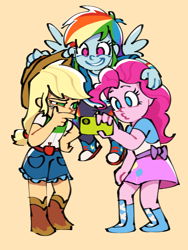 Size: 1080x1440 | Tagged: safe, artist:cuiyingying405, derpibooru import, applejack, pinkie pie, rainbow dash, equestria girls, g4, belt, boots, clothes, converse, cowboy boots, cowboy hat, grin, hat, high heel boots, jacket, shirt, shoes, shorts, simple background, skirt, smiling, socks, vest