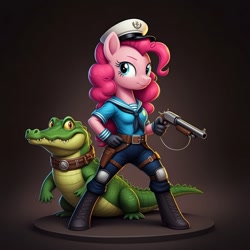 Size: 1024x1024 | Tagged: safe, ai content, derpibooru import, machine learning generated, gummy, pinkie pie, anthro, unguligrade anthro, g4, boots, clothes, collar, cosplay, costume, duo, g.i. joe, generator:google imagen 3.0, gloves, gradient background, gun, hat, knee pads, polly (gi joe), prompter:zerowinger, sailor hat, sailor uniform, shipwreck, shoes, shotgun, uniform, weapon