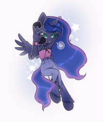 Size: 2328x2771 | Tagged: safe, artist:amitadust, artist:auroracursed, derpibooru import, princess luna, alicorn, anthro, unguligrade anthro, g4, abstract background, clothes, corded phone, denim, ethereal mane, ethereal tail, female, heart, high waist jeans, jeans, pants, phone, simple background, solo, speech bubble, spoken heart, spread wings, stars, tail, talking on phone, tanktop, white background, wings, wrist cuffs